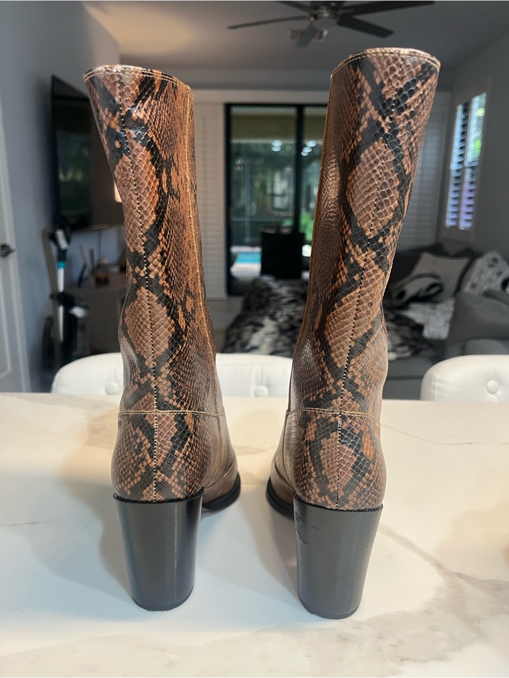 Snake-Print Mid-Calf Western Block Heel Boots - Brown - Picture 3 of 5